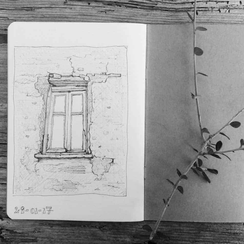 sketch, sketchbook, drawing, window, greece