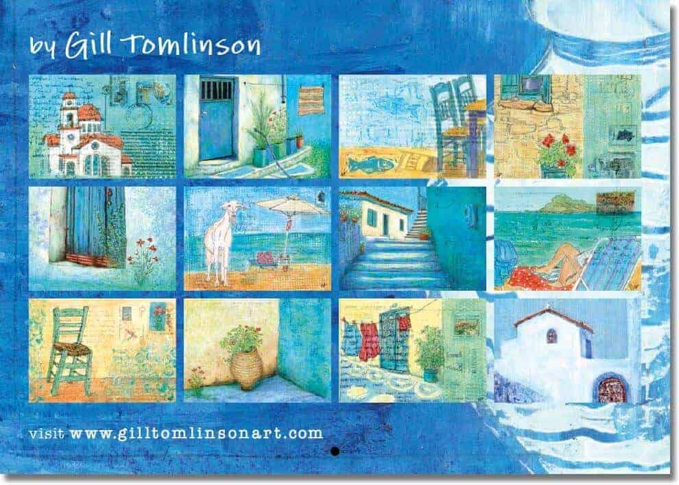 2018 art calendar by Gill Tomlinson artist with twelve full colour paintings inspired by Greece