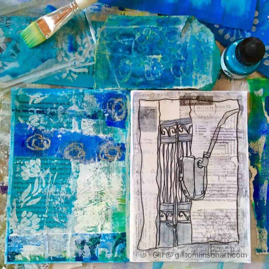 blue, mixed-media, sketchbook, collage, papers, Greece,door, drawing