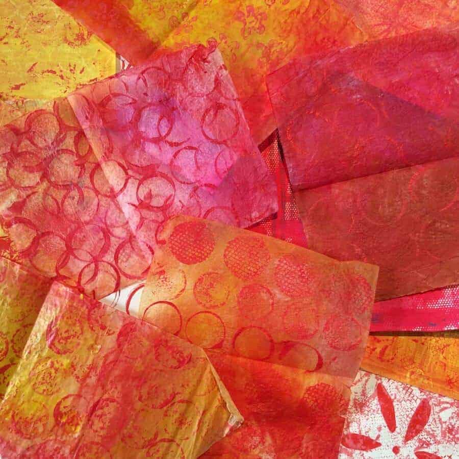 red, pink, orange, mixed-media papers, collage, decorated